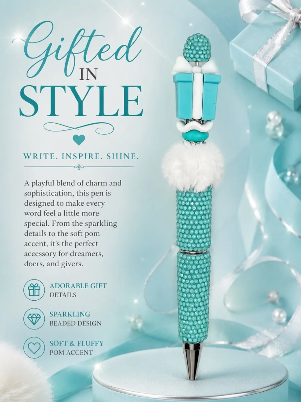 A cheerful aqua and white pen featuring a playful gift box topper, shimmering te